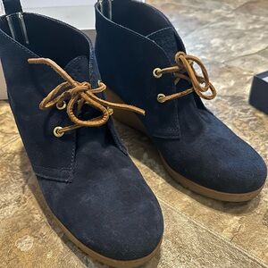 Navy Blue Sperry Suede Wedge Booties